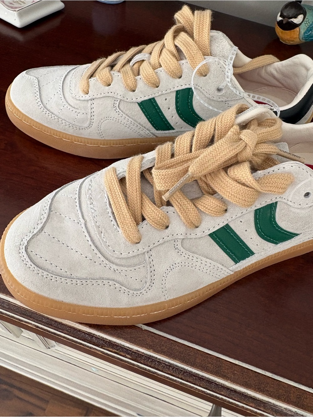 Coolway Beige Smokey White Sneakers with Green Stripes and Tan Laces